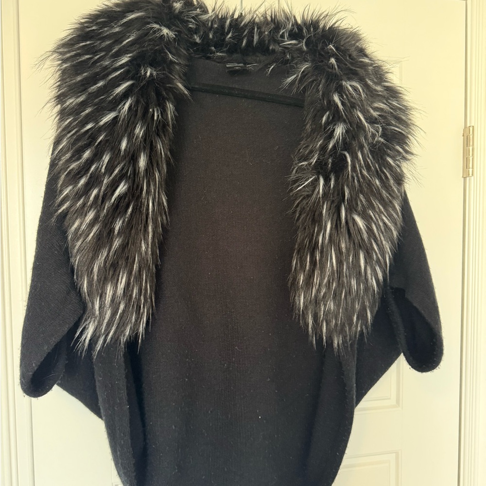 bebe Black Poncho with Faux Fur Trim